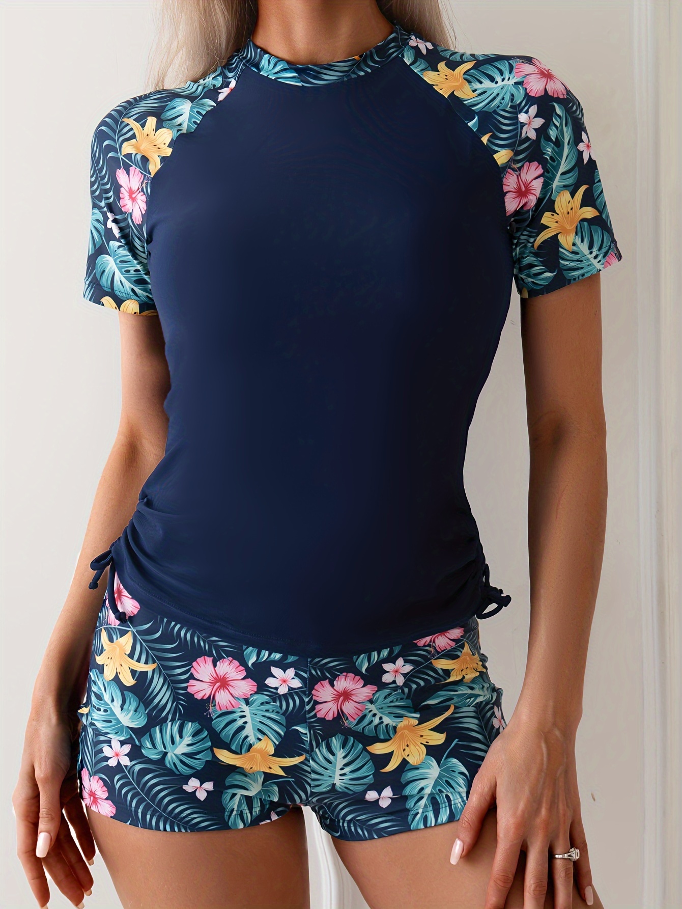 tropical plant print high neck drawstring 2pcs set   guard split swimsuit with short sleeve round neck stretch   top and flared shorts suitable for pool surfing   0