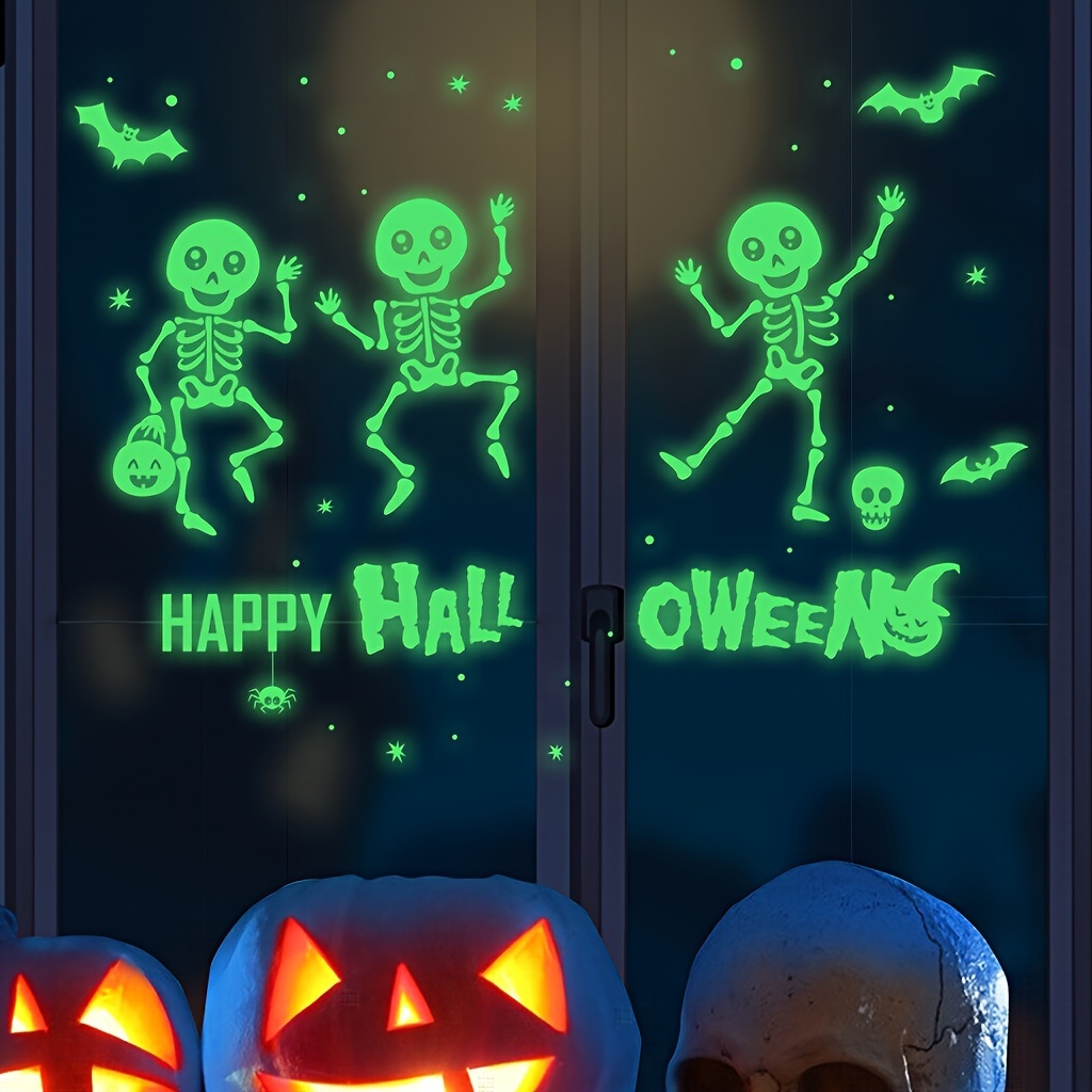 

2pcs Glow-in-the-dark Decorations - Spooky Skeleton & Bat Wall Stickers, Fluorescent Haunted House Window Clings