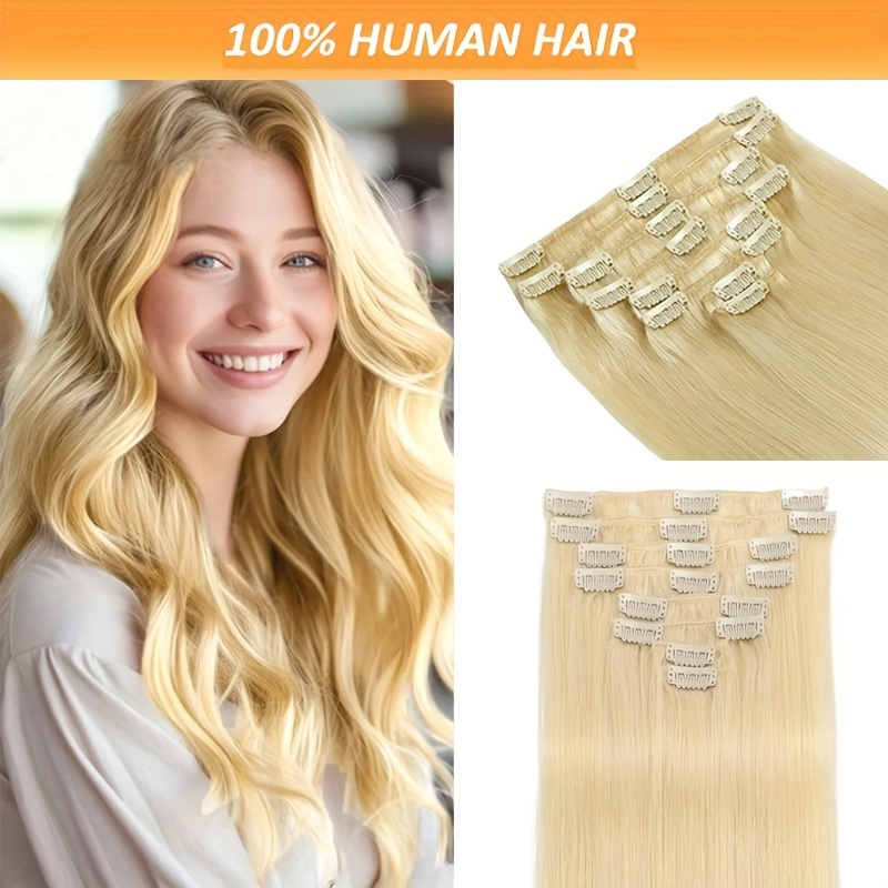 

100% Human Hair Clip-in Extensions: Blonde, Straight, 8 Pieces, 18 Clips, 120g, 16-26 Inch Length - Suitable For All Hair Types