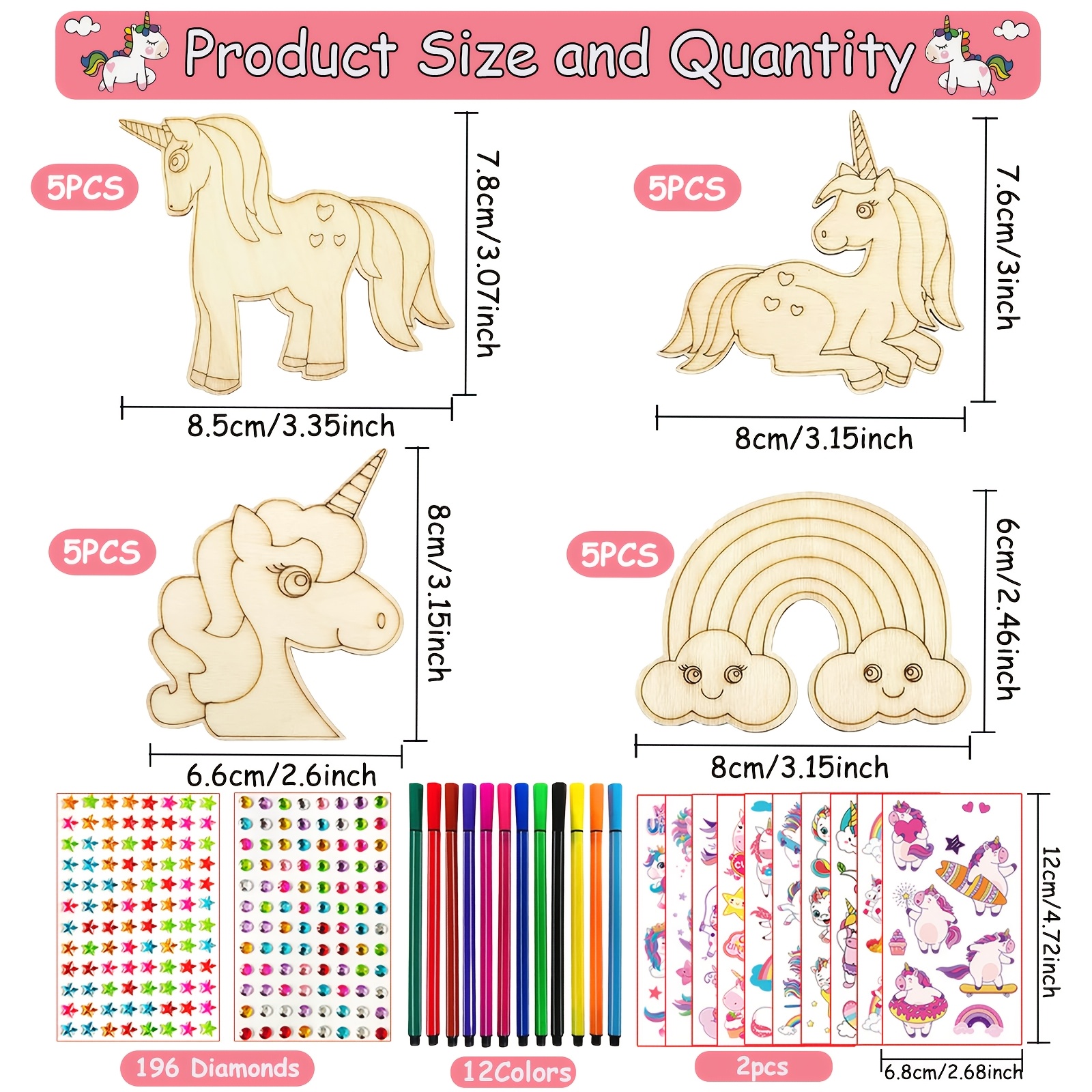 Image of 230pcs Unicorn Wood Craft Kit, Unicorn Craft Set, Birthday Craft, Includes 20 Unicorn Wood Pieces, 192 Rhinestones, 12 Pens, 2 Sheets Of Stickers, For Making Wooden Crafts, Diy Crafts