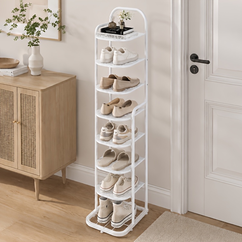 8 tier narrow metal shoe rack   shelf   saving upright floor shoe storage rack with top surface for storage suitable for entryway closet hallway and bedroom white