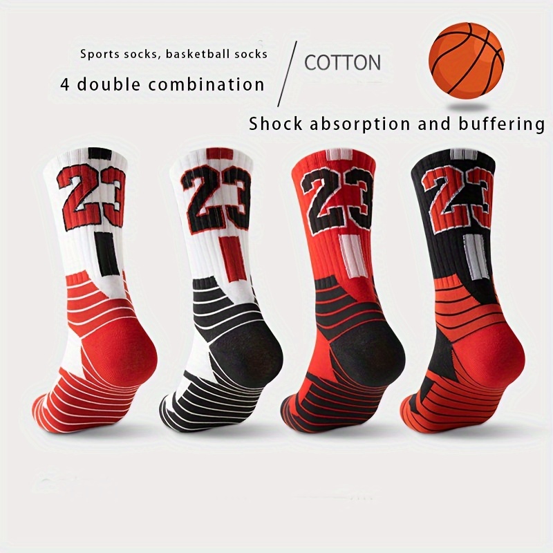 

4 Pairs Of Men's Number Pattern Mid Crew Sport Socks, Sweat-absorbing Cotton Blend Comfy Breathable Socks For Men's Basketball Training, Running Outdoor Activities