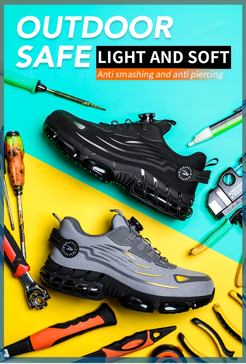 Men's Anti-Smashing Anti-Puncture Safety Work Shoes - Breathable Lace-Free Elastic Closure, Soft PU Sole with Metal Toe Cap, Retro Striped Design for Hiking, Outdoor & Daily Wear, Hiking Boots
