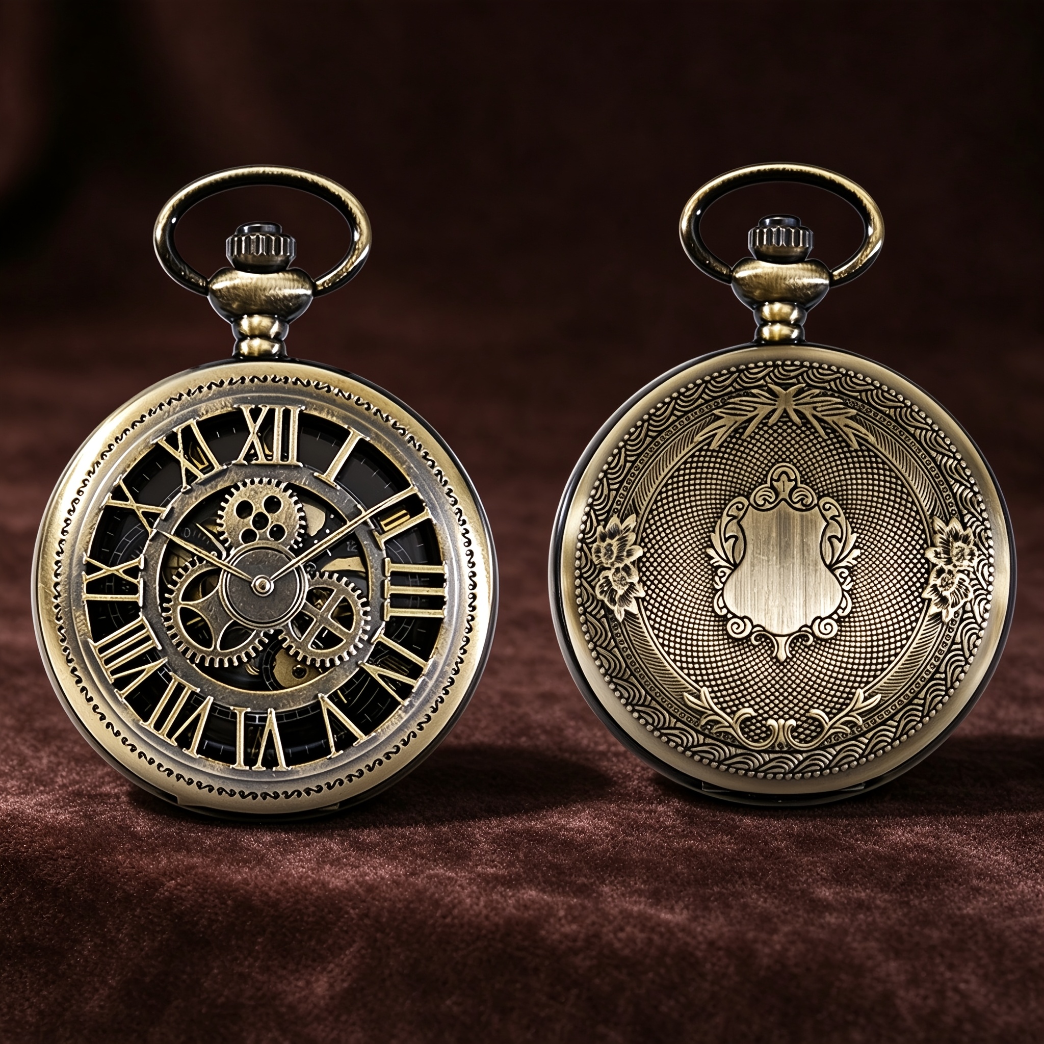 Image of 1pc Double-opening Mechanical Pocket Watch, Front With Gear Pattern, Back With Shield Pattern, Black And Golden Skeleton Dial, Golden And White Hands. This Pocket Watch Is An For Gifting
