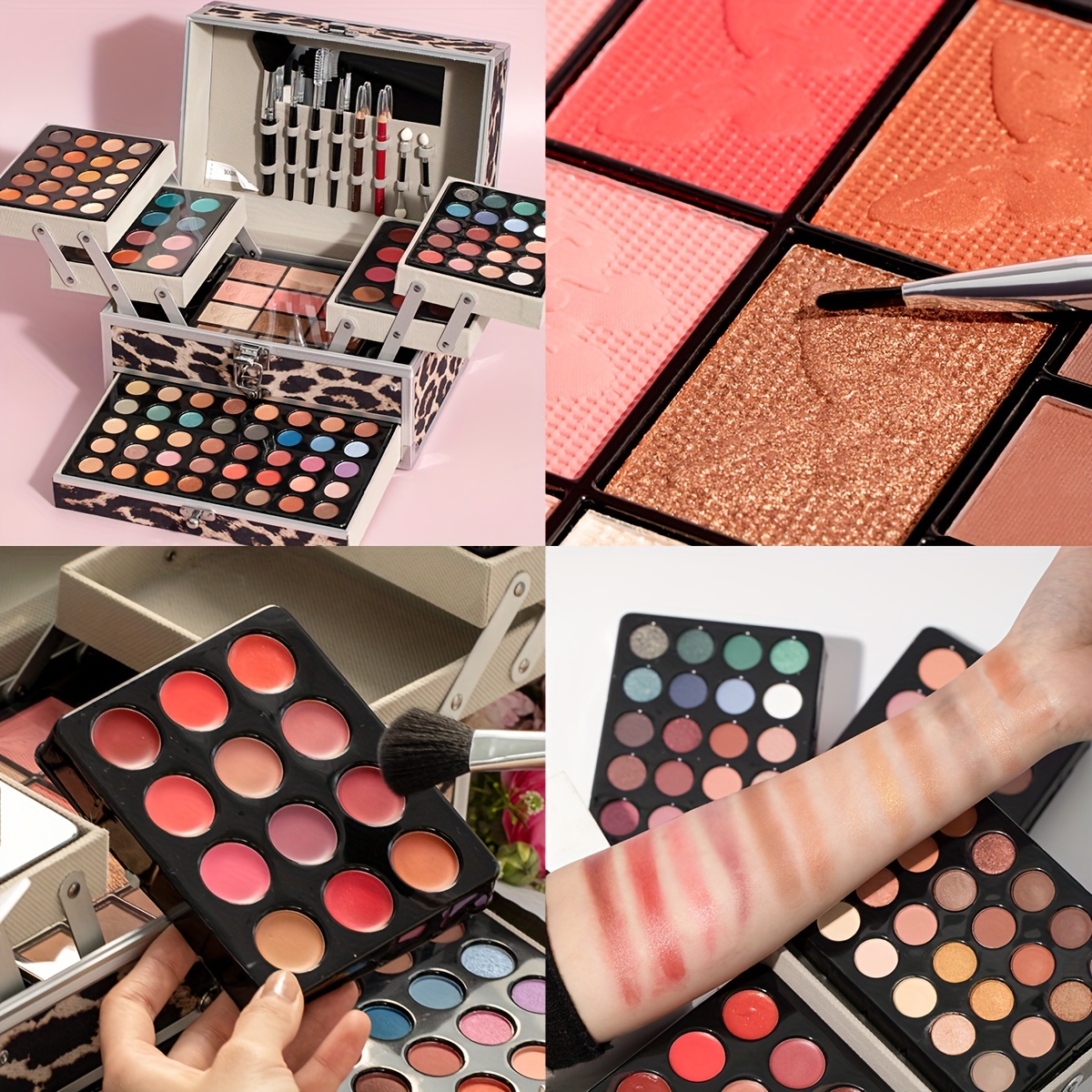 portable makeup set in berry shades eyeshadow blush solid lipstick brow powder highlighter mini brush makeup applicator mirror for parties gifts and performances details 3
