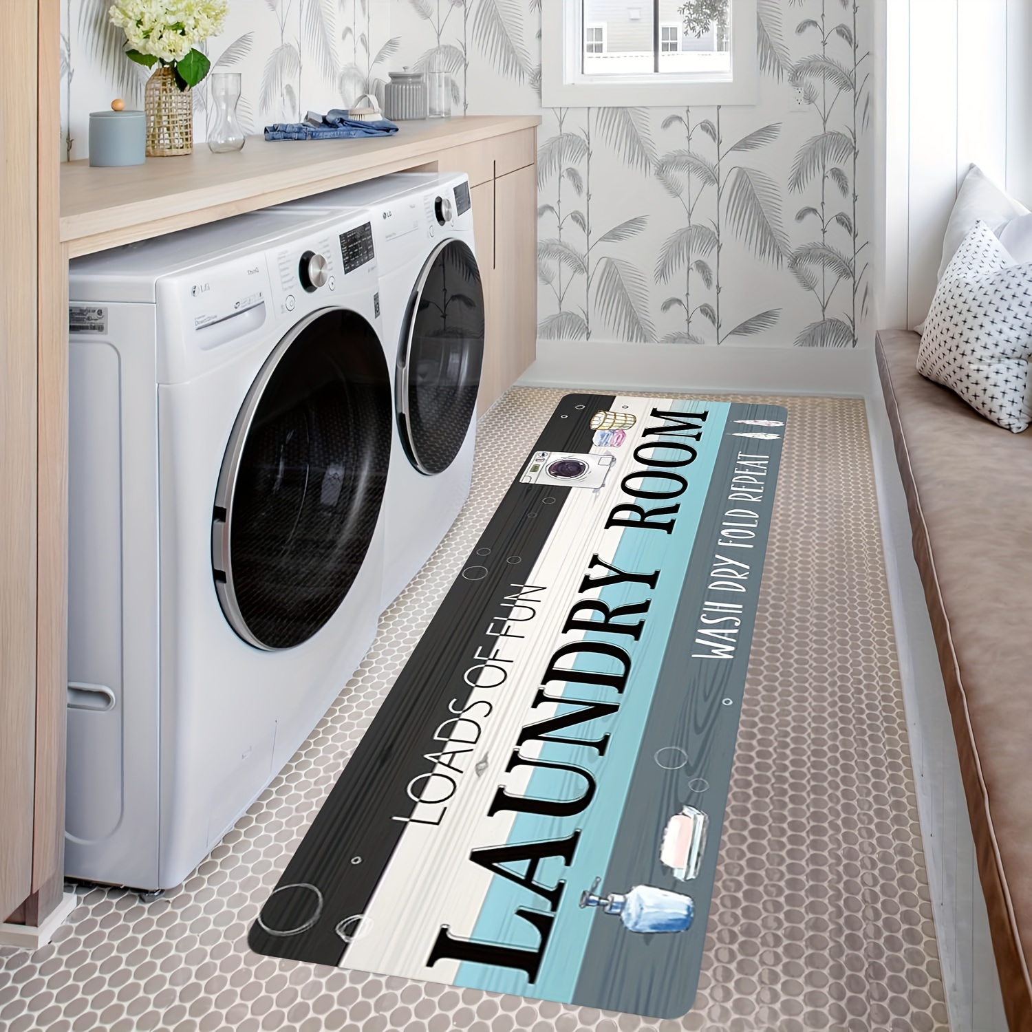 

1pc 'loads Of Fun' Laundry Room Rug - , Non-slip Backing, Machine Washable With Wooden Board & Washer Design - Perfect For Laundry, Hallway, Bathroom