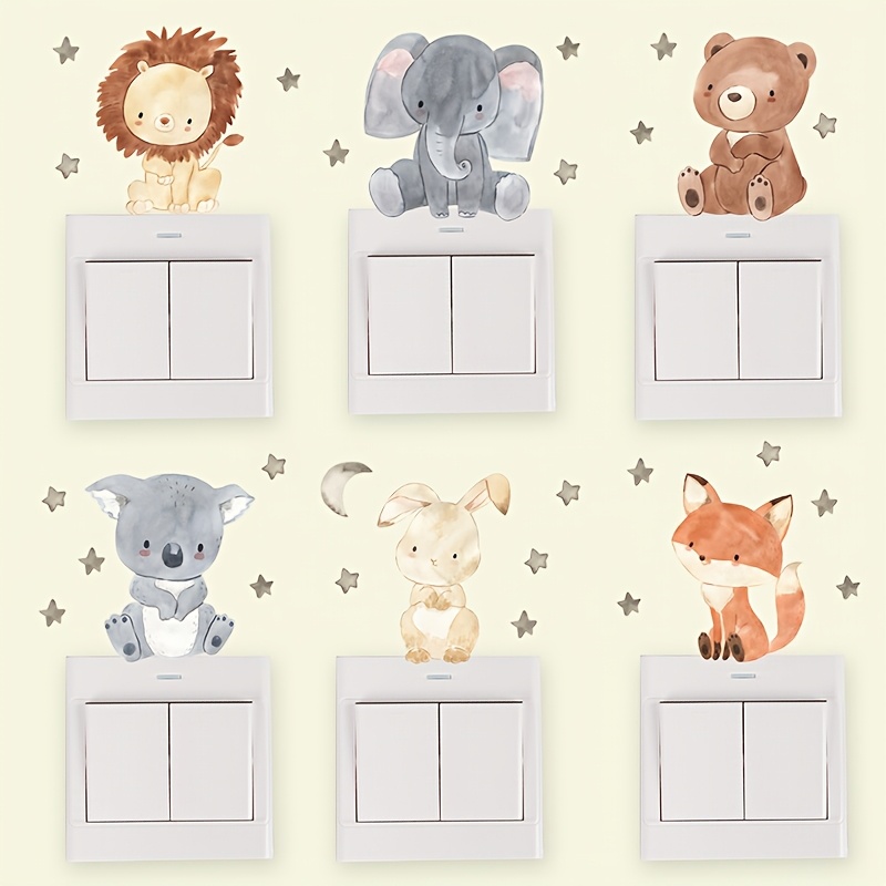 Watercolor Jungle Animals Light Switch Wall Stickers, 6pcs Set