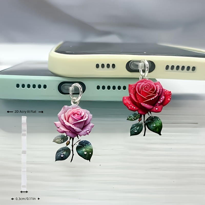 E-shop 2D Flach, 2er-Kombipack - Dual-Tone Rosenblüten-Handy-Staubschutz-Charms, Bezauberndes 2D Flaches Acrylmaterial, Verwendet für iPhone/Type-C/