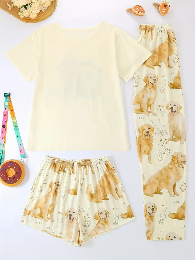 three piece pajama set round neck short sleeve pullover and loose elastic shorts with extended length golden retriever print design wear casual womens sleepwear and loungewear outfit Product details 1