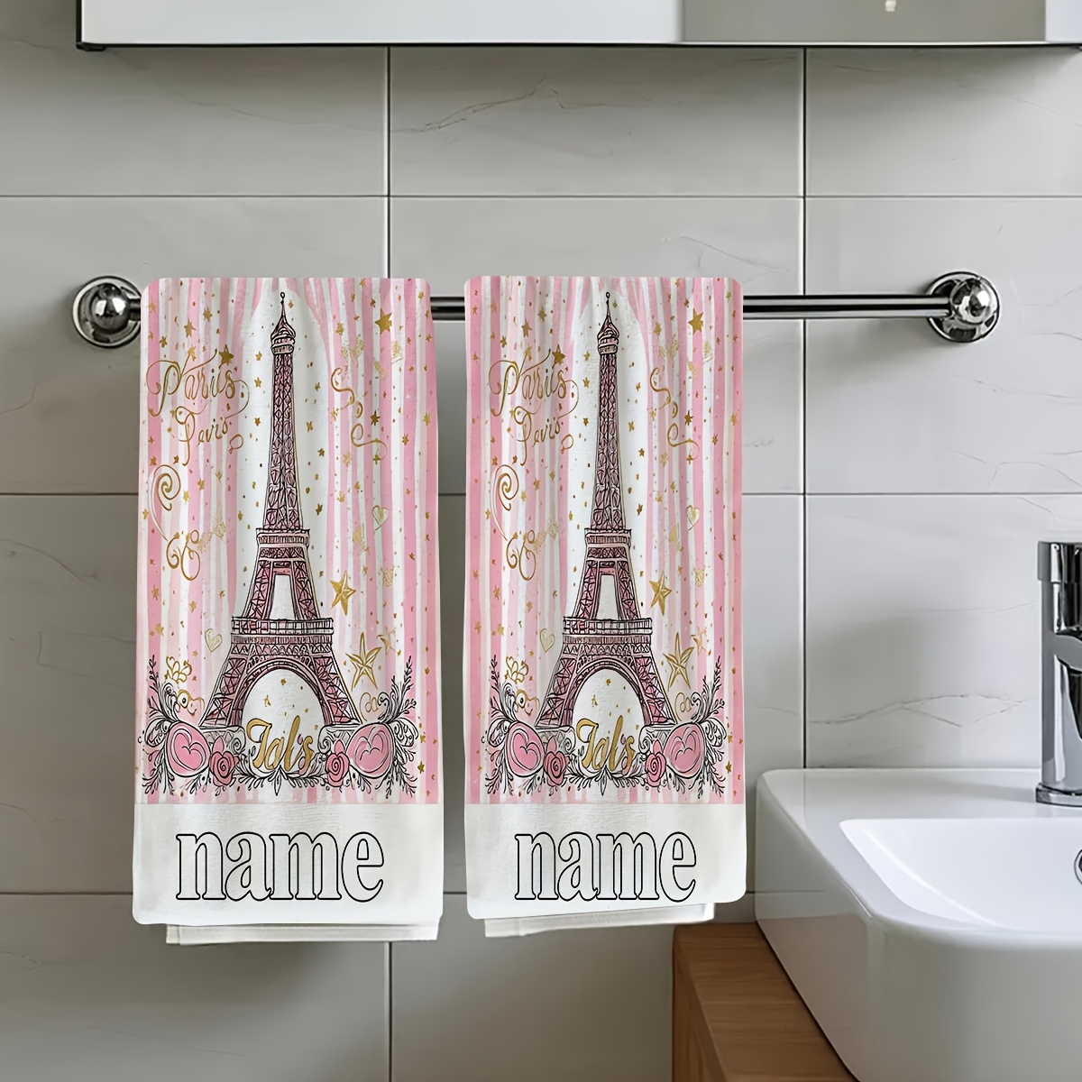 TEMU 2pcs Set, With A Pink And White Striped Background, Featuring Decorative Elements And Text. Essential Travel Towels That Customized With Text,