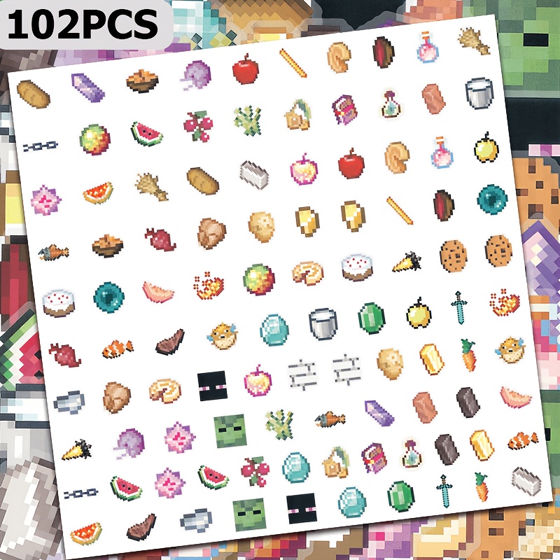 TEMU 102 autocollants décoratifs transparents style pixel pour jeux, pastèque, pomme, pain, gâteau, épée, etc., adaptés aux albums de scrapbooking,