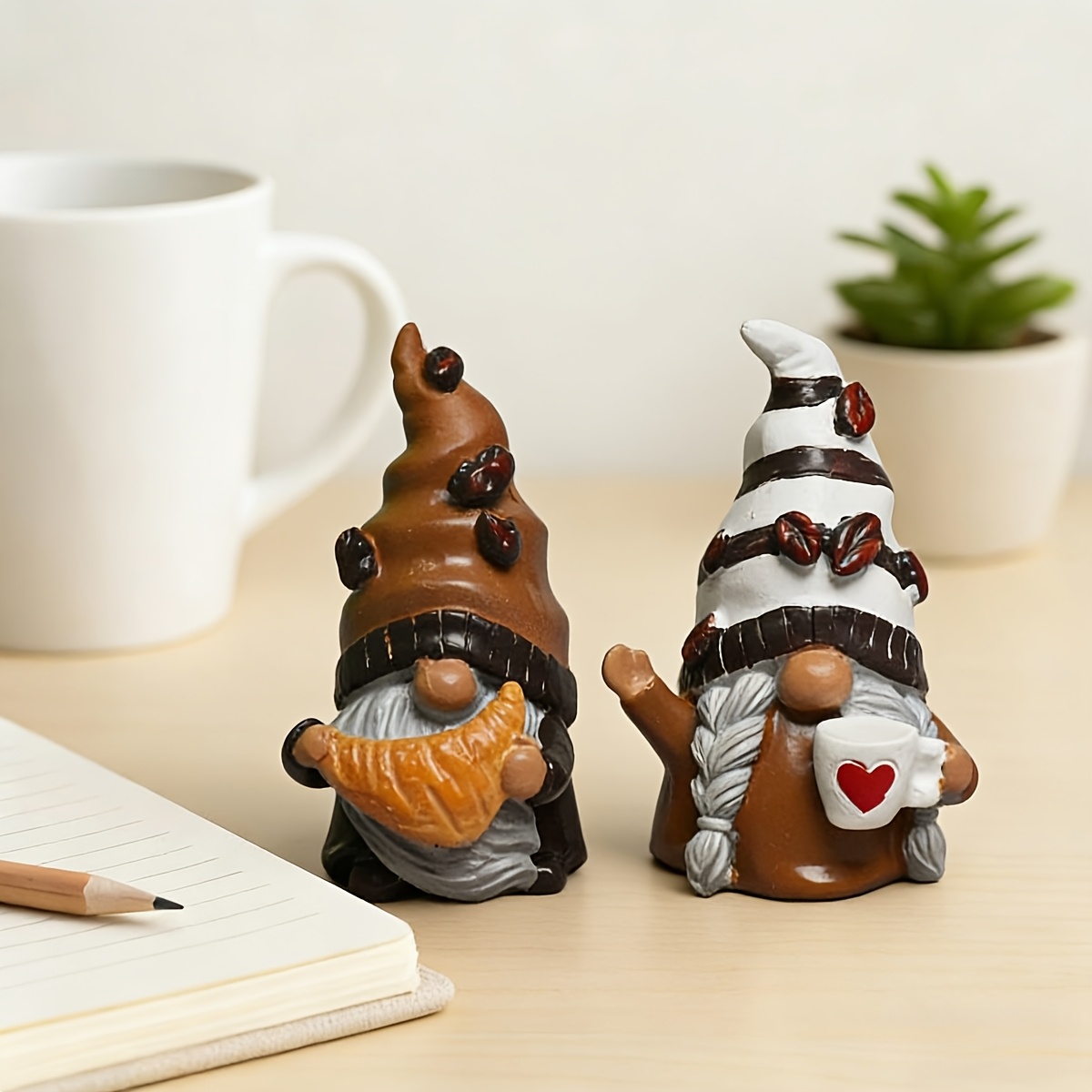 Image of 2pcs Valentines Coffee Gnome Couple Resin Collectible Figurine, Home Decor For Living Room, Bedroom, Office, Bookshelf, Desktop Decorations, Valentine's Day Wedding Anniversary Gifts
