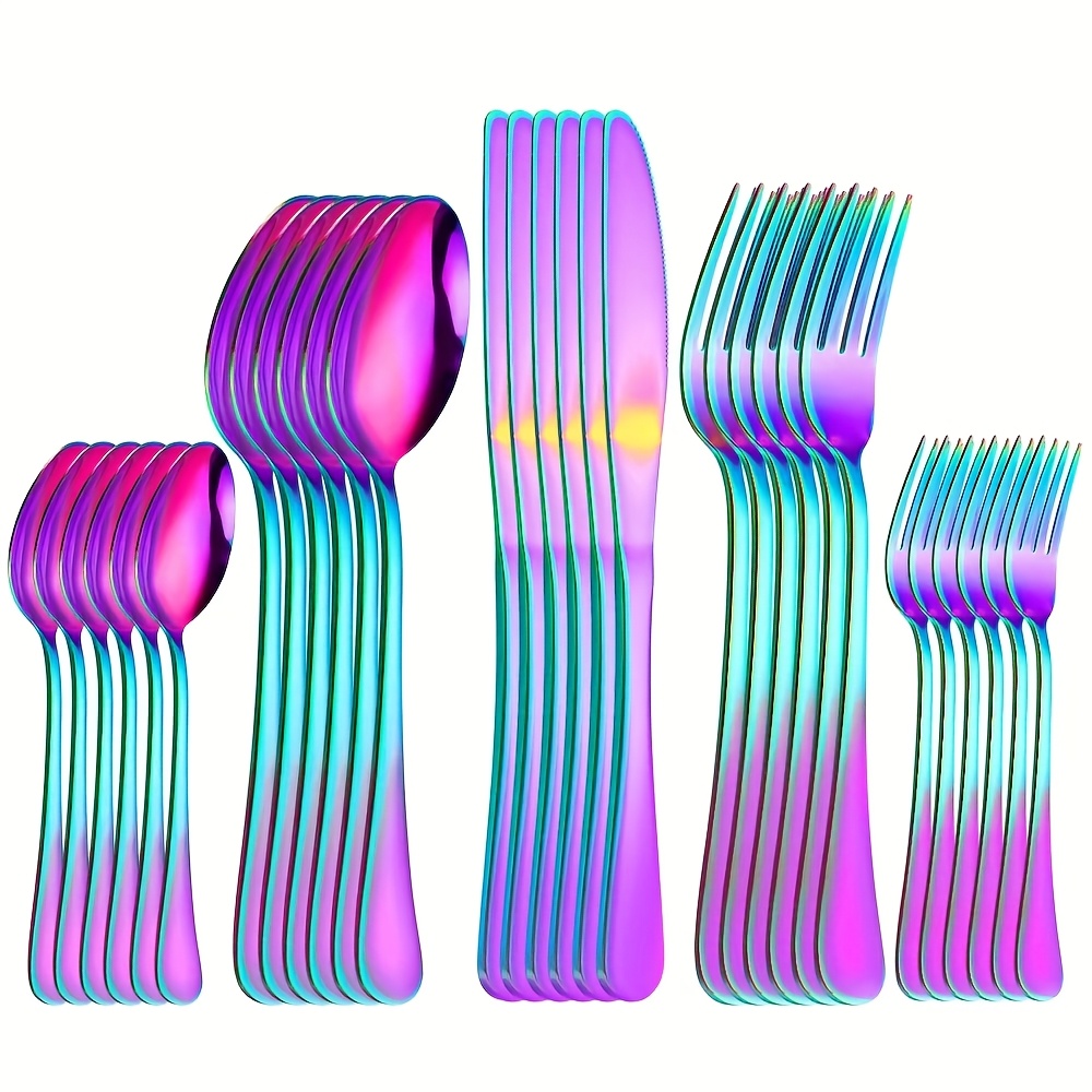 TEMU 30pcs Stainless Steel Rainbow Flatware Set, Colorful Silverware Set, Iridescent Cutlery Utensils Set Service For 5, Mirror Polished, Dishwasher