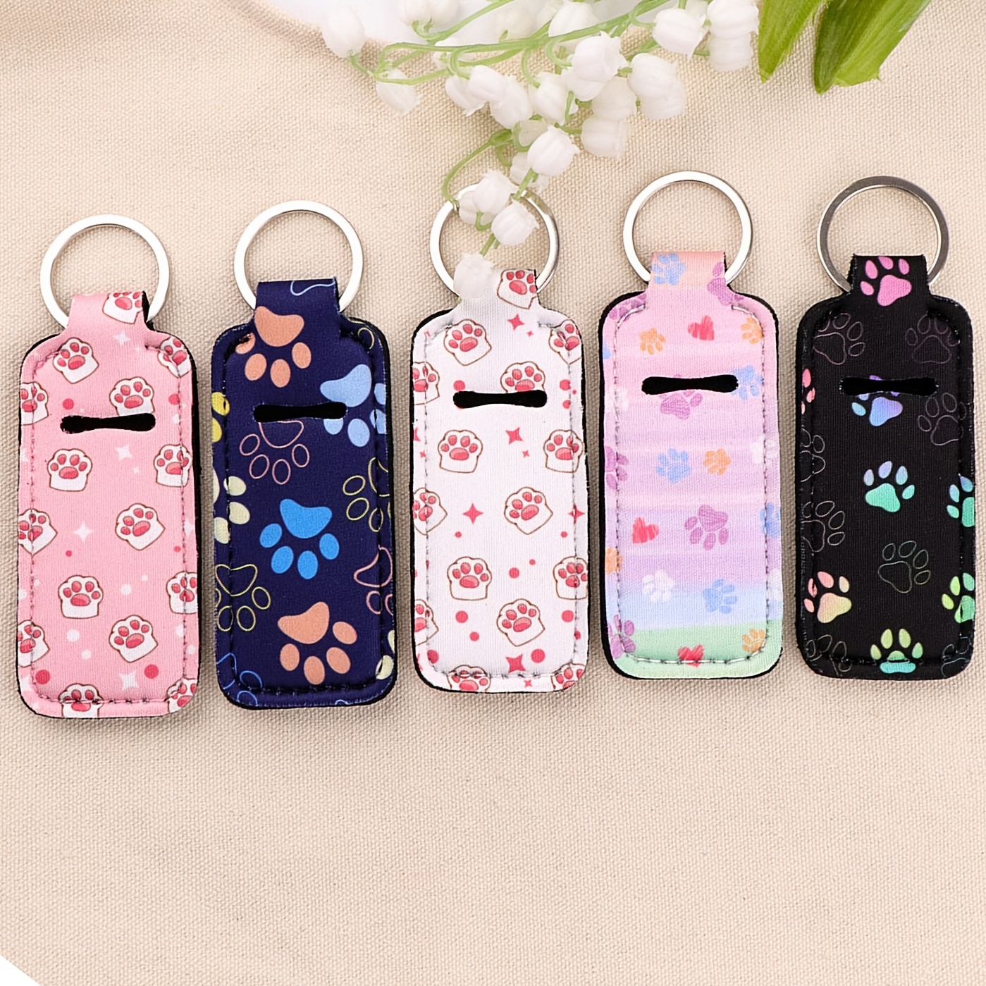 TEMU 5pcs Keychain For Holding Lipstick - Dog Paw Print Featuring A , Perfect For , Travel, Car Keys, Backpack Additions, Car Lipstick Holder, Key