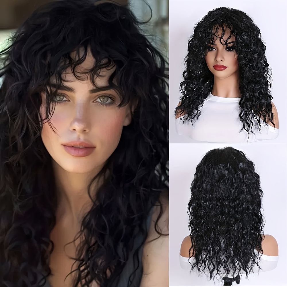 Image of Long Black Curly Wig With Bangs, Shoulder Length 80s Rocker Heavy Metal Wig, High Temperature Fiber, Cap, 150% Density, For Costume Cosplay Party Halloween