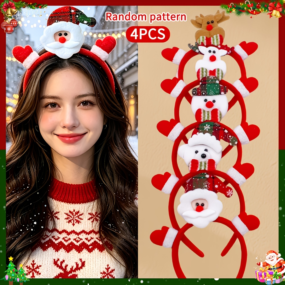 TEMU 4pcs Random Christmas Hair Additions Set - Cute Santa Claus, Snowman, And Reindeer Headbands - Festive Party Cute Dress-up Headwear - Christmas