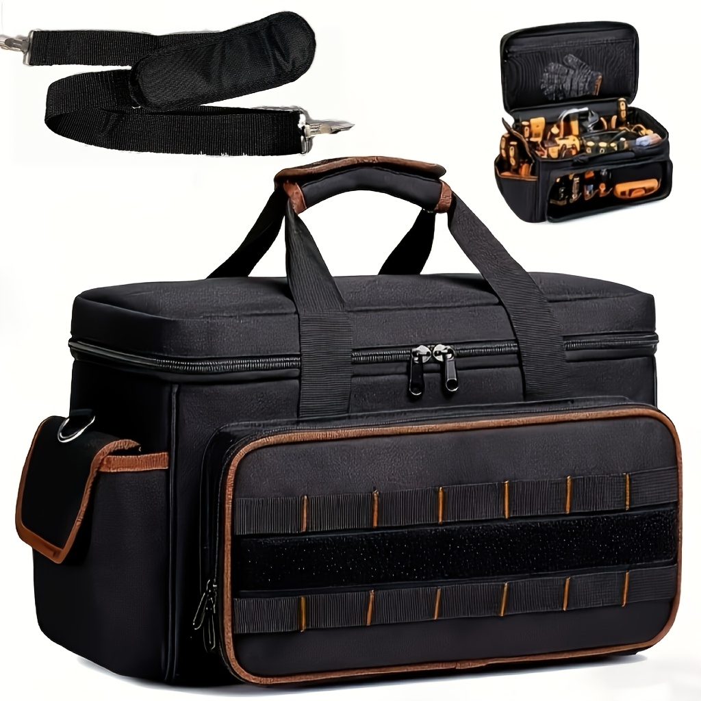 TEMU Spacious Tool Bag With 20 Compartments And A Wide Opening, Designed For Heavy-duty Use By Professionals. Features An Adjustable Shoulder Strap