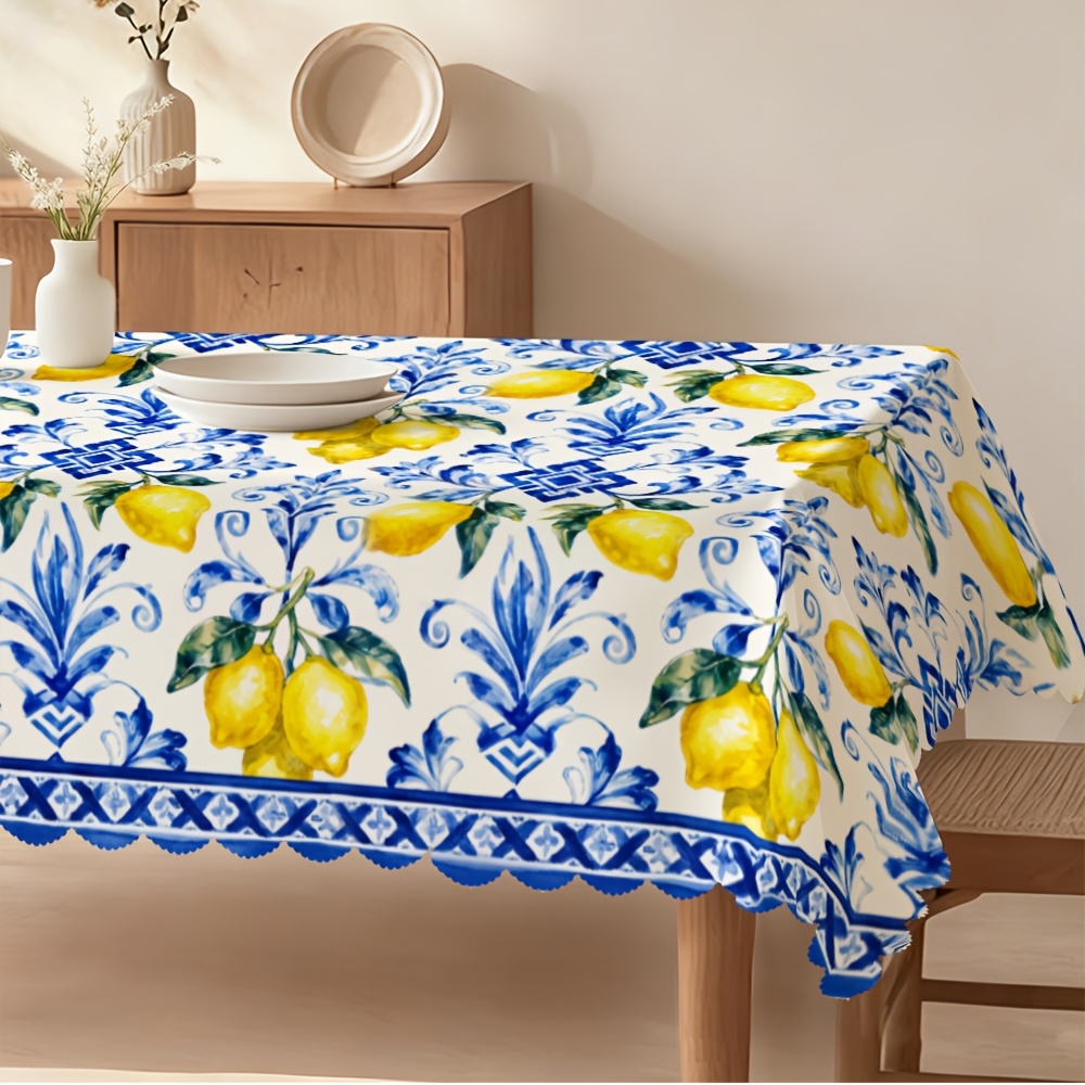 TEMU 1pc Blue Floral And Lemon Print Tablecloth, Durable Polyester Tablecloth, Home Kitchen Table Cover, Suitable For Parties And Festivals, Indoor