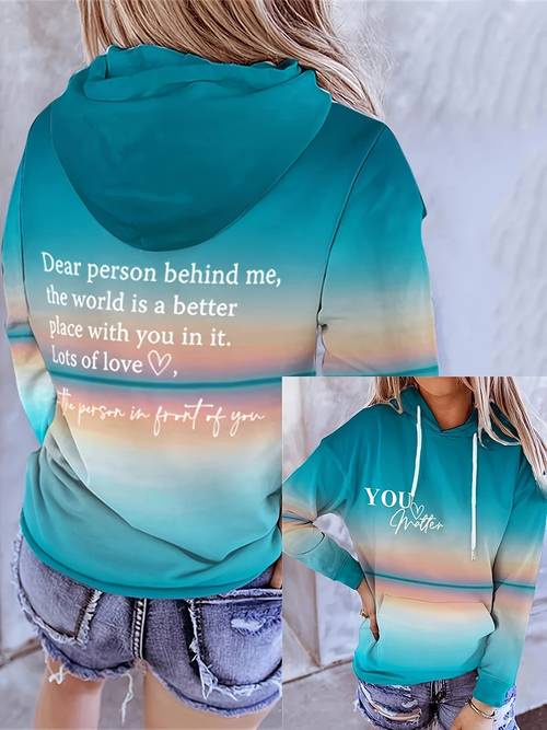 gradient color letter print hoodie casual kangaroo pocket long sleeve drawstring hooded sweatshirt womens clothing