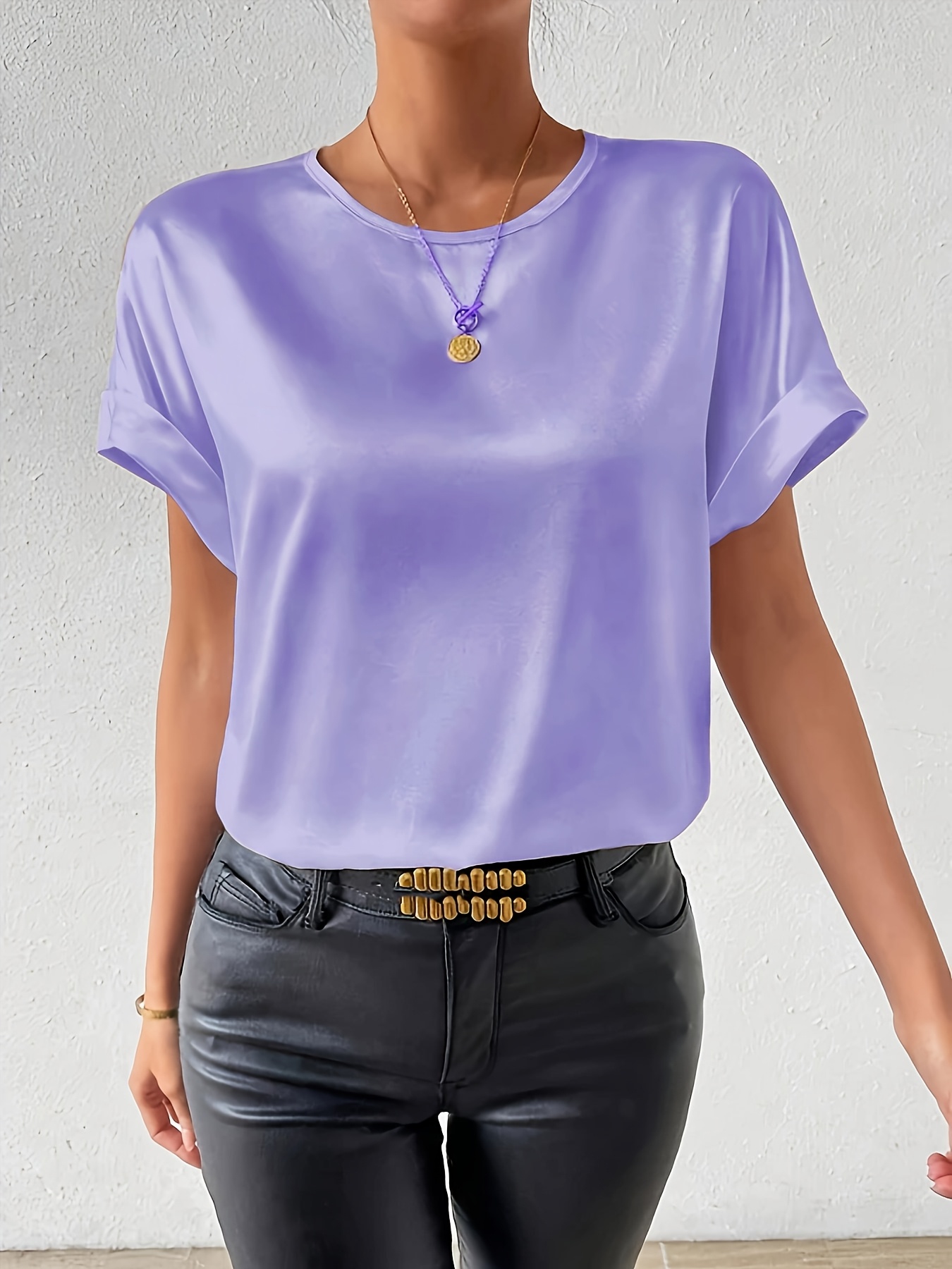Women'S Plus Size Light Blue Woven Blouse - Elegant Short Sleeve Crew Neck, Solid Color, Non-Stretch Fabric, Perfect for Summer, Casual Summer Wear|Sleek Fitted Look|Nonstretch Material, Plus Size Blouses