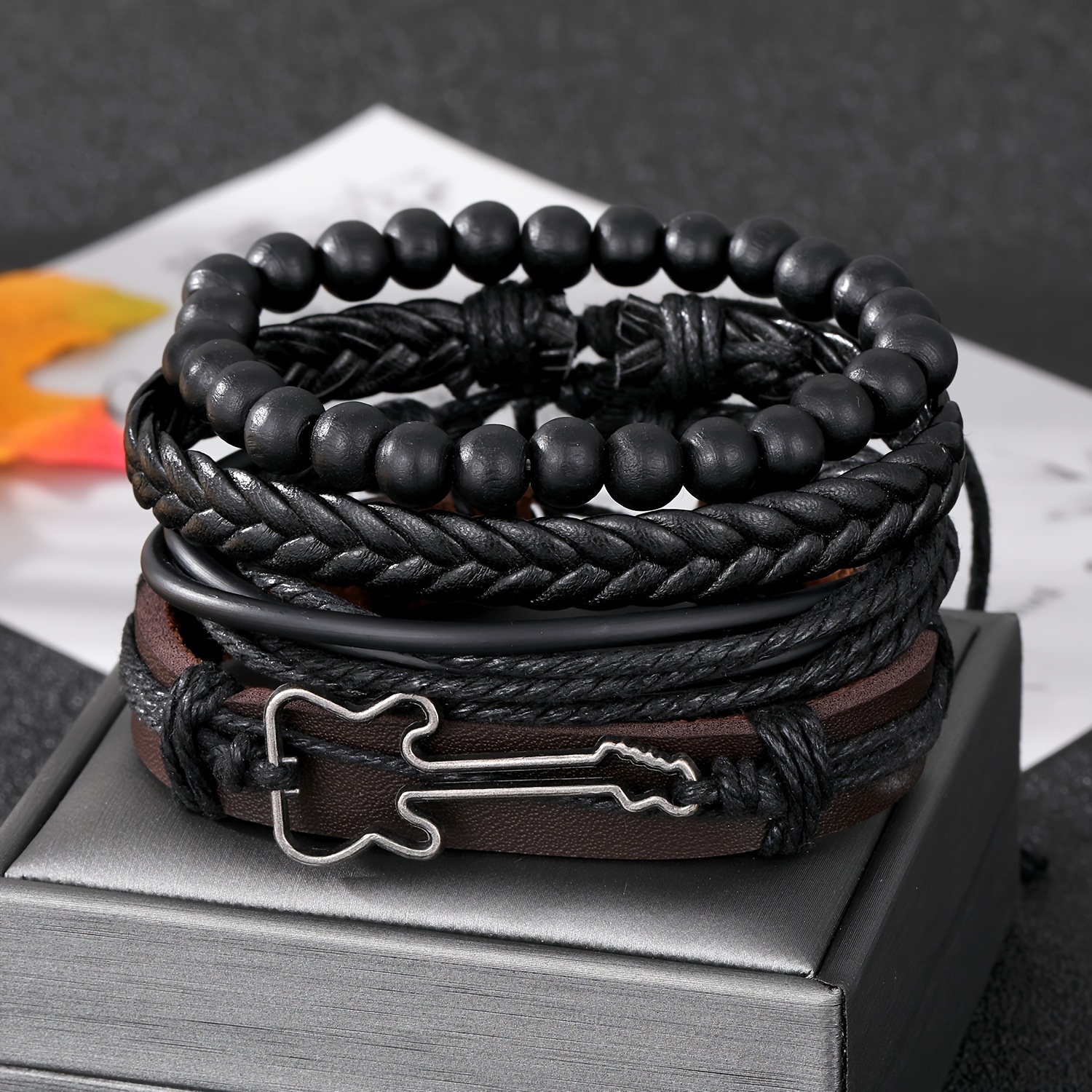 vintage   piece set guitar charm woven leather bracelets with black wood beads for men fashionable personalized artificial leather and alloy pendant no mosaic jewelry details 4