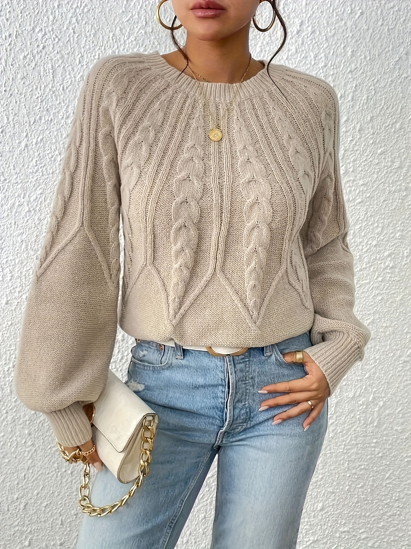 cable knit crew neck sweater elegant lantern sleeve knitted top for   womens clothing details 46