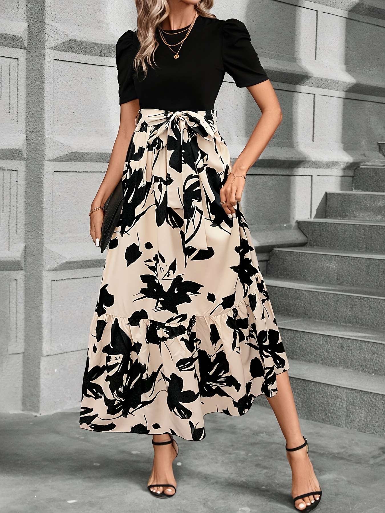 womens standard size elegant color block lace long dress - Temu Oman