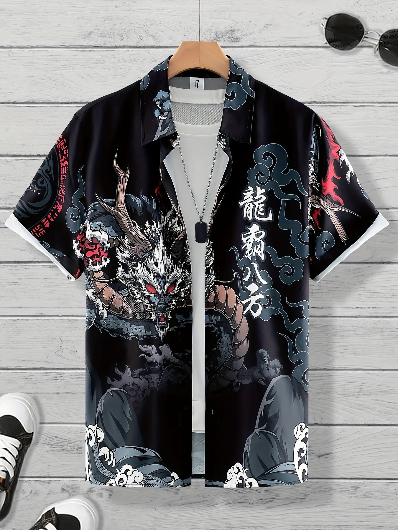 mens black dragon graphic t shirt chinese style red white - Temu Oman