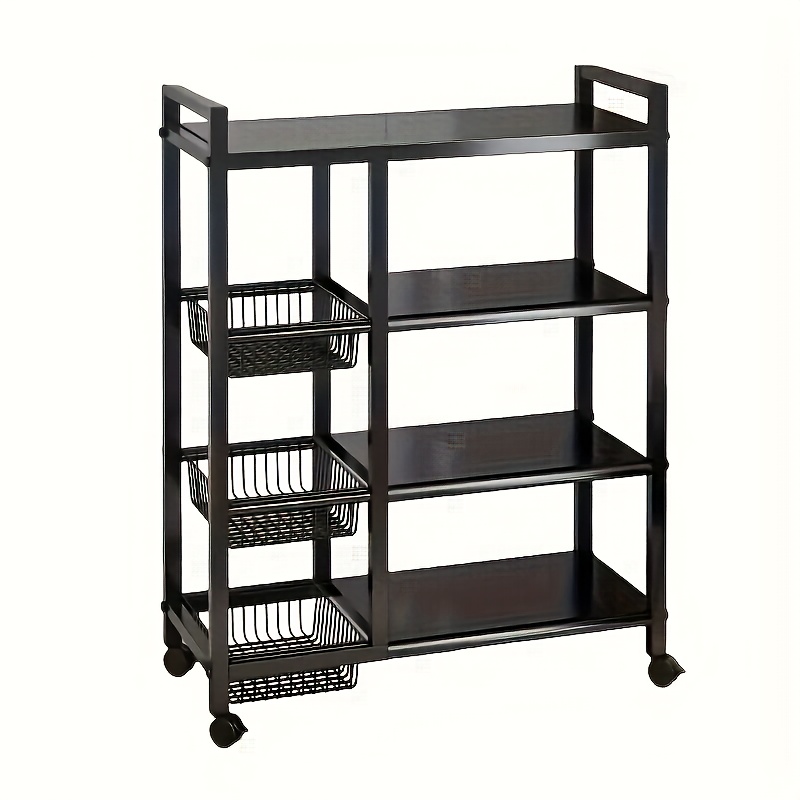 1pc movable storage rack adjustable 4 storey kitchen shelf with 3 wire baskets kitchen organizer and storage metal shelf rack with wheels suitable for garage pantry bathroom closet   gift   standing shelf