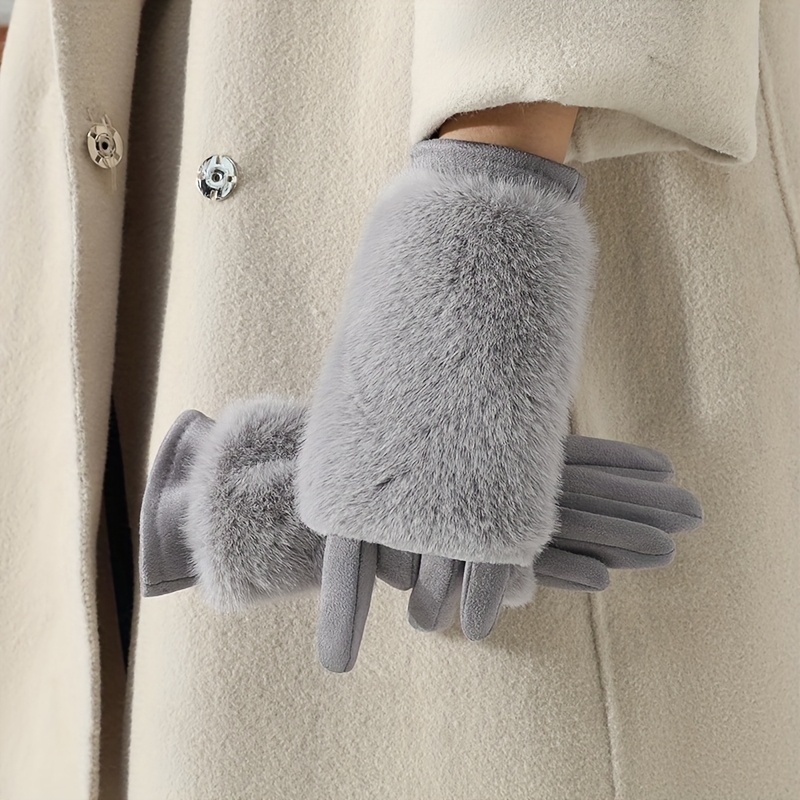 TEMU Gants d'hiver doublés en peluche pour femme, 1 paire, pour écran tactile, coupe-vent, -froid et à double usage avec housse en peluche