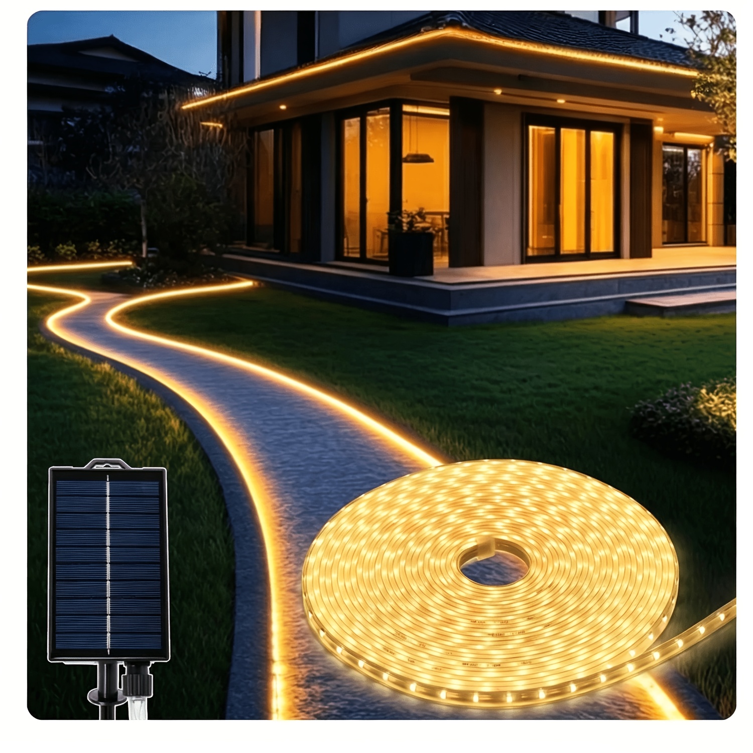 TEMU 5-meter 10-meter Solar-powered Outdoor Waterproof Led Light Strip, White Light/warm Light/rgb Changing, Light Sensor Auto , Cuttable, For