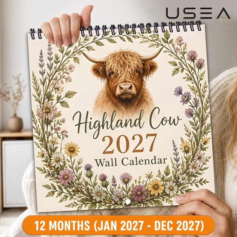 TEMU Teacher Calendar And Planner 2027 Square Wall Calendar 12 Months Jan 2027-dec 2027 Double Wire Spiral Hanging, Cow Plant Wildflowers Bohemian