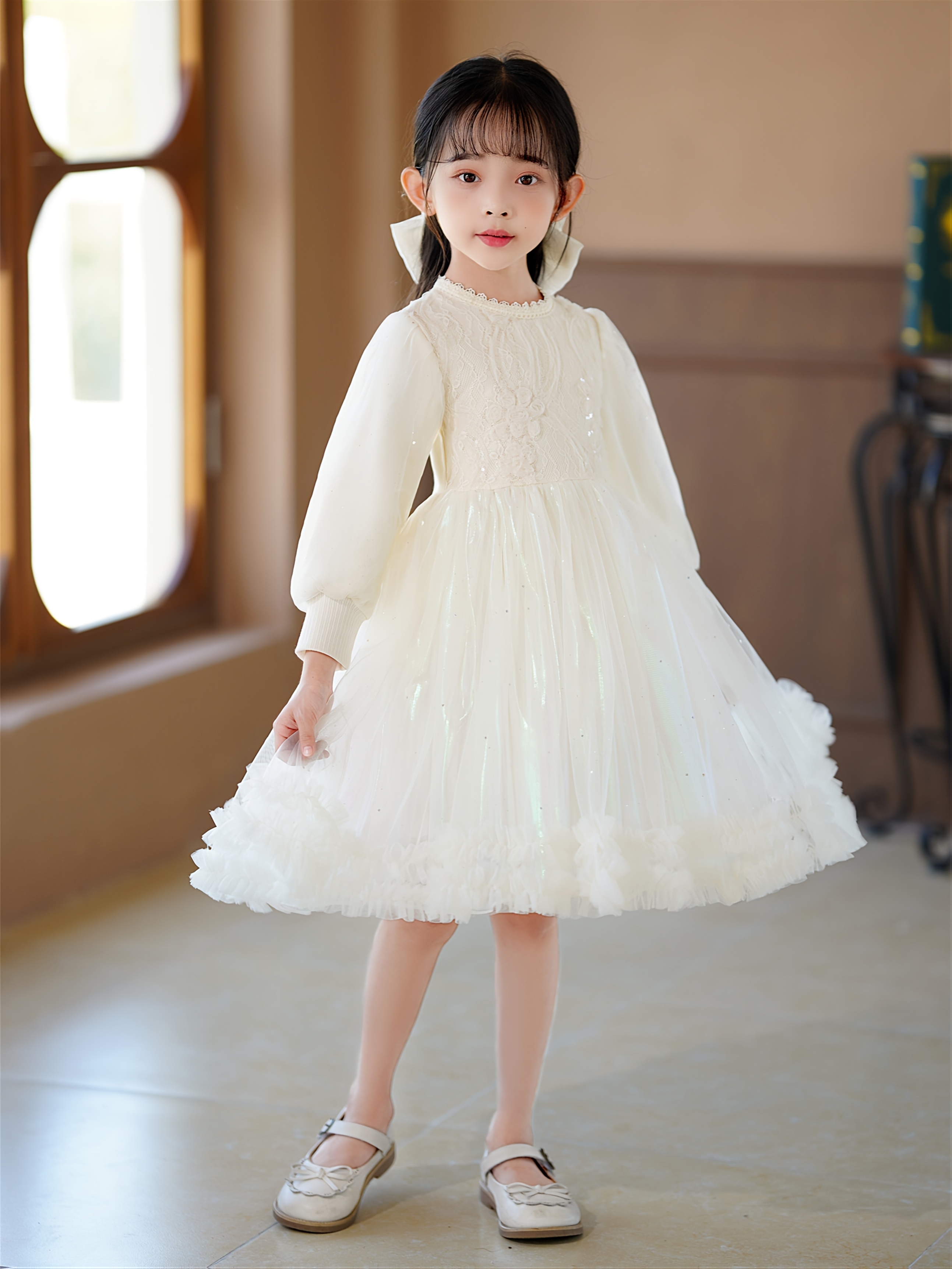 1pc ' * tutu Dress with Puffy Bell Sleeves & Lace - Knee-Length Zipper  Wedding Birthday Party Performance Outfit, Round Neck Sparkly tutu Dress  for * Spring/Autumn (1pc Dress)