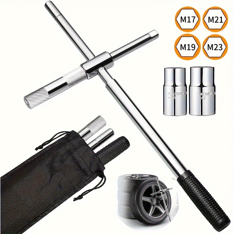 

Universal Extended Lug Wrench Set, 4-way Wrench Tool, Metal Tire Iron With 1/2" Drive Head & 360° Rotation, Includes M17 M19 M21 M23 Sockets, With Storage Bag