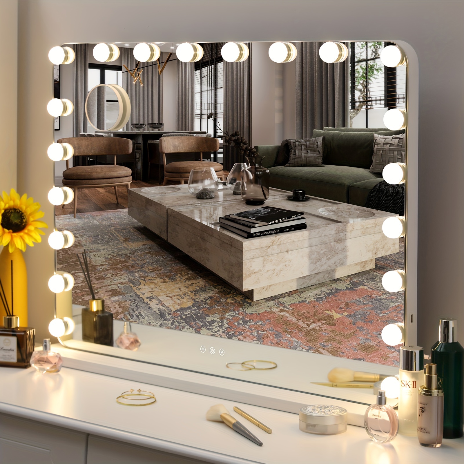 TEMU Makeup Mirror, 80x60cm, 20 Leds, 3 Light Colors, Adjustable Brightness, With Usb And Removable Magnifying Mirror, Lighted Makeup Mirror, Wall