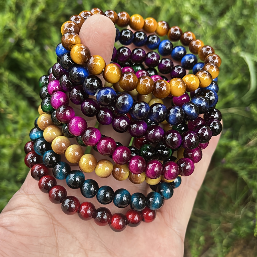 TEMU 8 pièces Bracelet Œil de Tigre 8mm - Artisanal, Élégant et Résistant pour Tenue Décontractée - Design Unisexe - Cadeau Idéal pour la