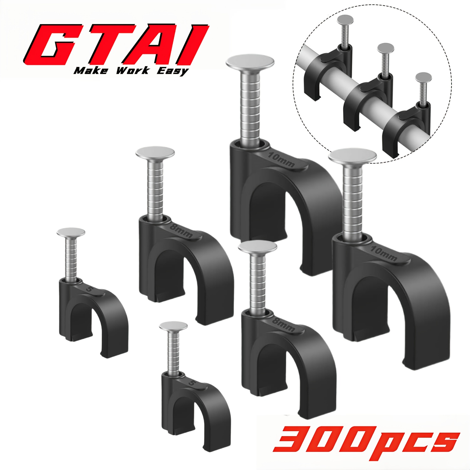 Image of A Set Of 300 Cable Wire Clips Featuring Nails, Suitable For 4-10mm Ethernet Cables. Black And White Round Clips Used For Wall Mounting And With Tacks For Coaxial And Speaker Wires