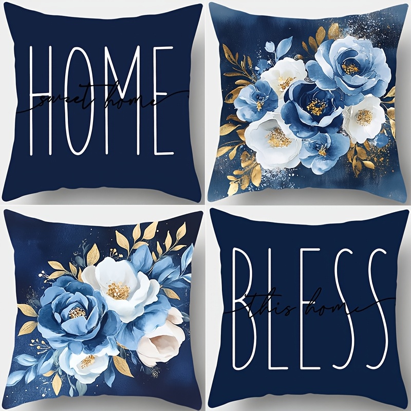 

4-pack Polyester Pillowcases, 17.72" Square, Machine Washable, Zippered Cushion Covers With Blue And Print For Living Room Sofa And Bedroom Decor - Home &