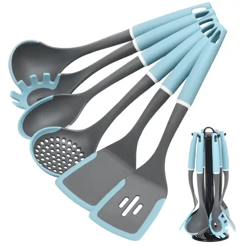 6pcs silicone kitchen utensil set with rotating holder non stick heat resistant spatula slotted solid spoons pasta server cooking baking accessories