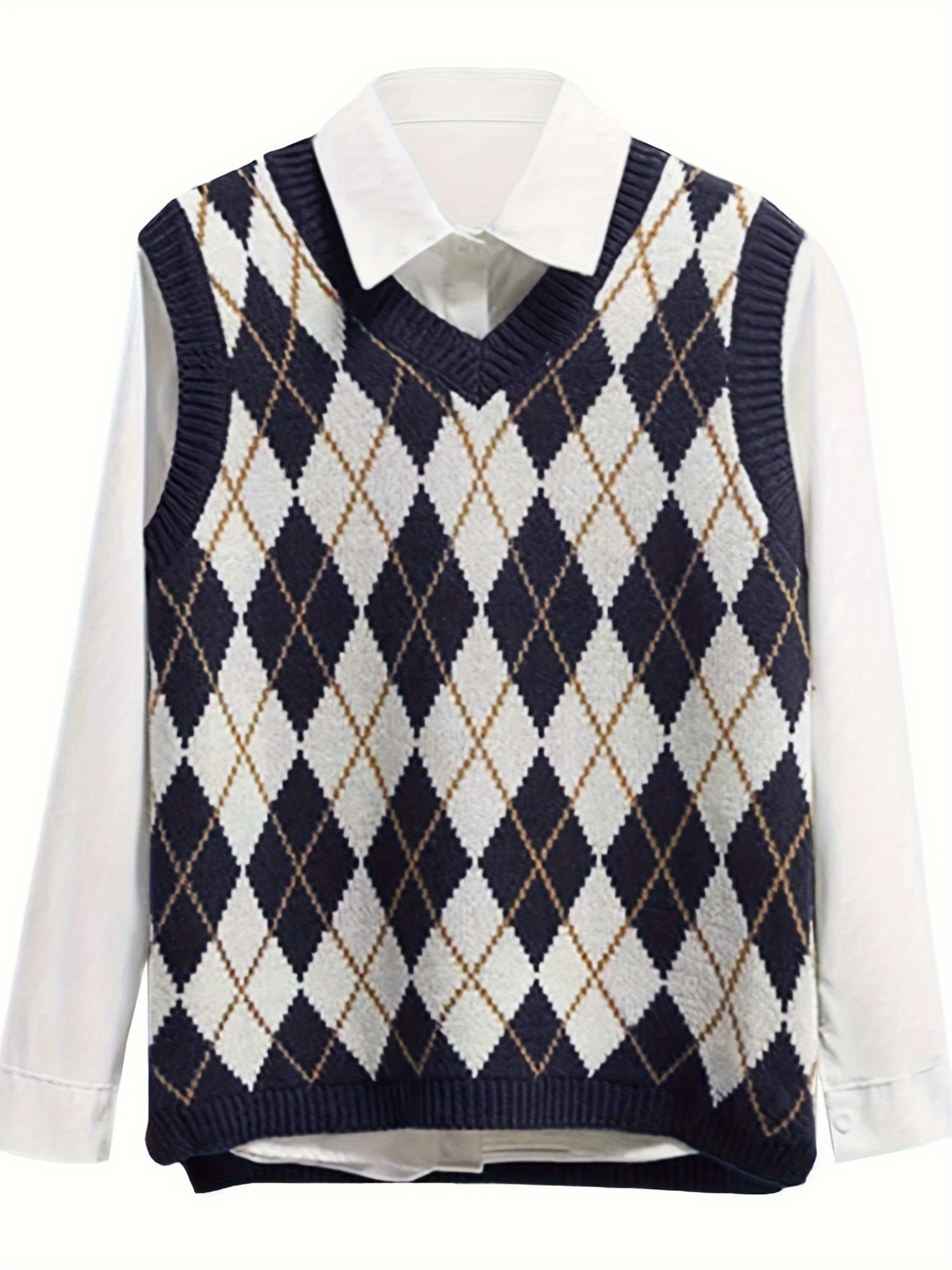 Women's V Neck Knit Sweater Vest Argyle Preppy Style Sleeveless Crop  Knitwear Tank