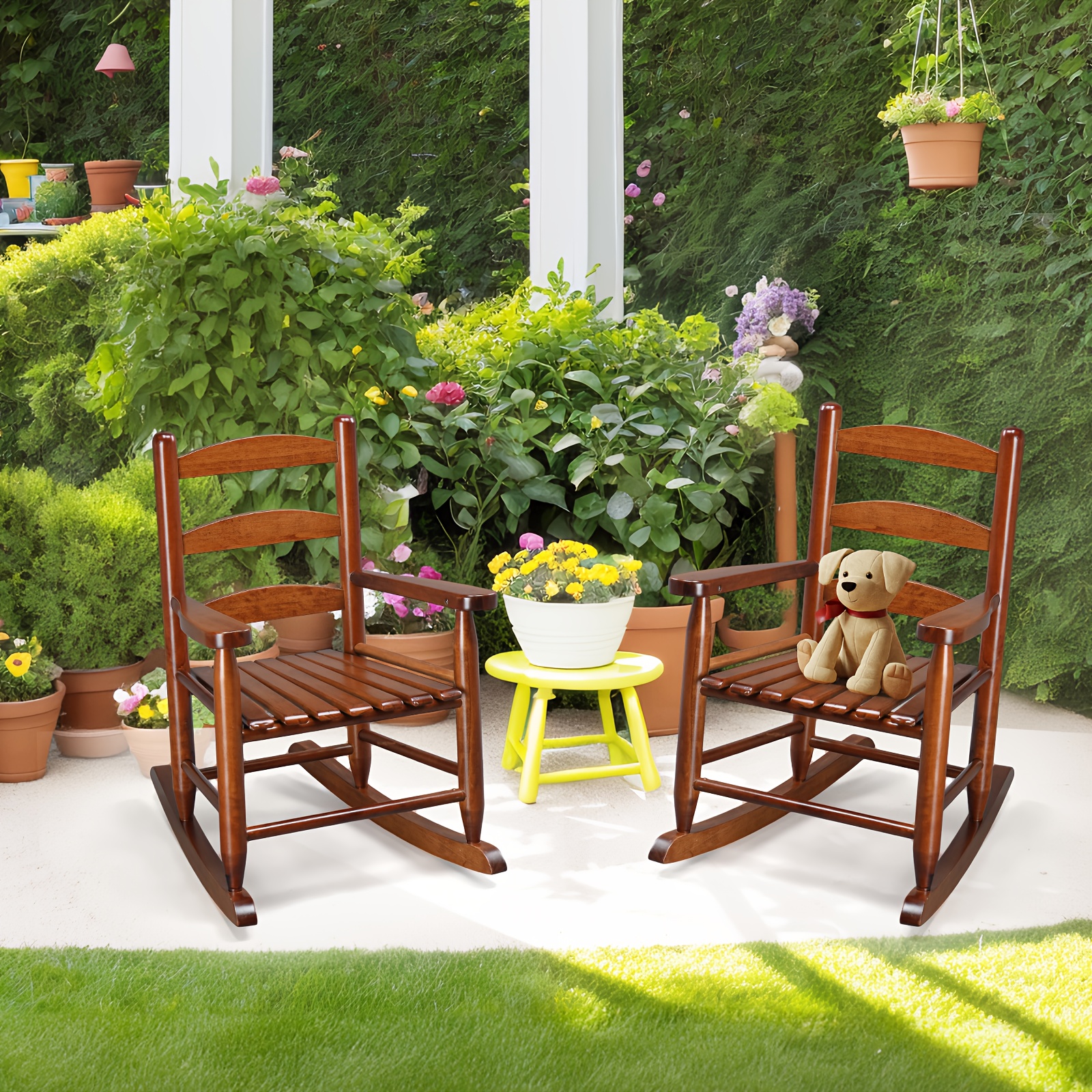 Kids Rocking Chair for 3-6 Ages, Small-Size, 14.8 X 18.5 X 22.6In, Solid Wood Material, All-Weather Wooden Porch Rocker with High Backrest, Ideal for Outdoor&Inddor, Birthday/Festival Gift for Children, Teak
