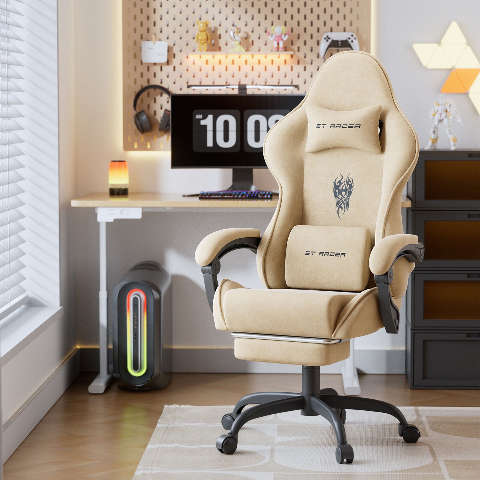 Velvet Fabric Gaming Chair, High Back Ergonomic Gamer Chair for Adult, Comfortable Video Game Chair with Footrest And Massage Lumbar Cushion