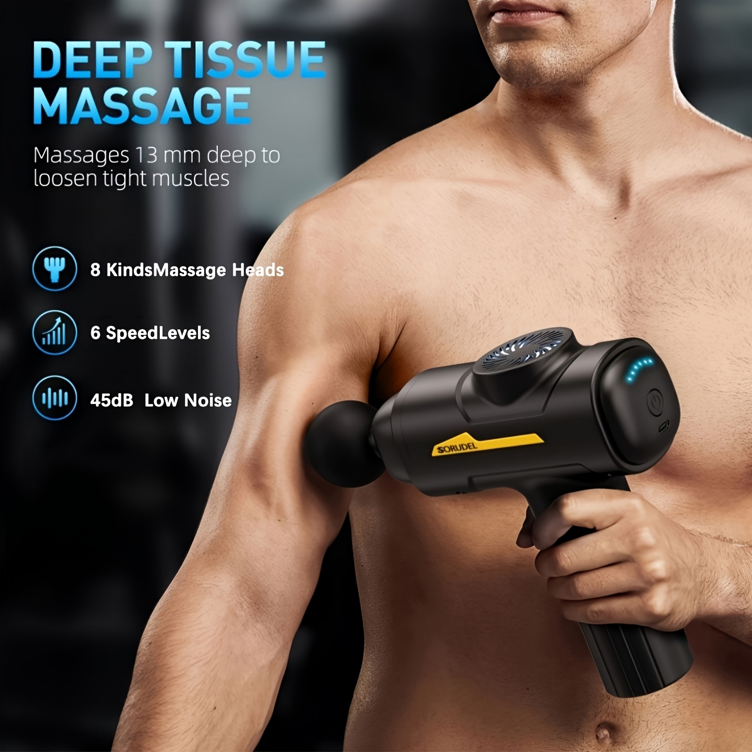 SORUDEL deep tissue massage gun with 8 massage heads, handheld electric muscle massager, high-power myofascial impact device, battery powered, rechargeable18650 lithium battery, 6-speed, 10 minute automatic stop function, portable, with carrying case