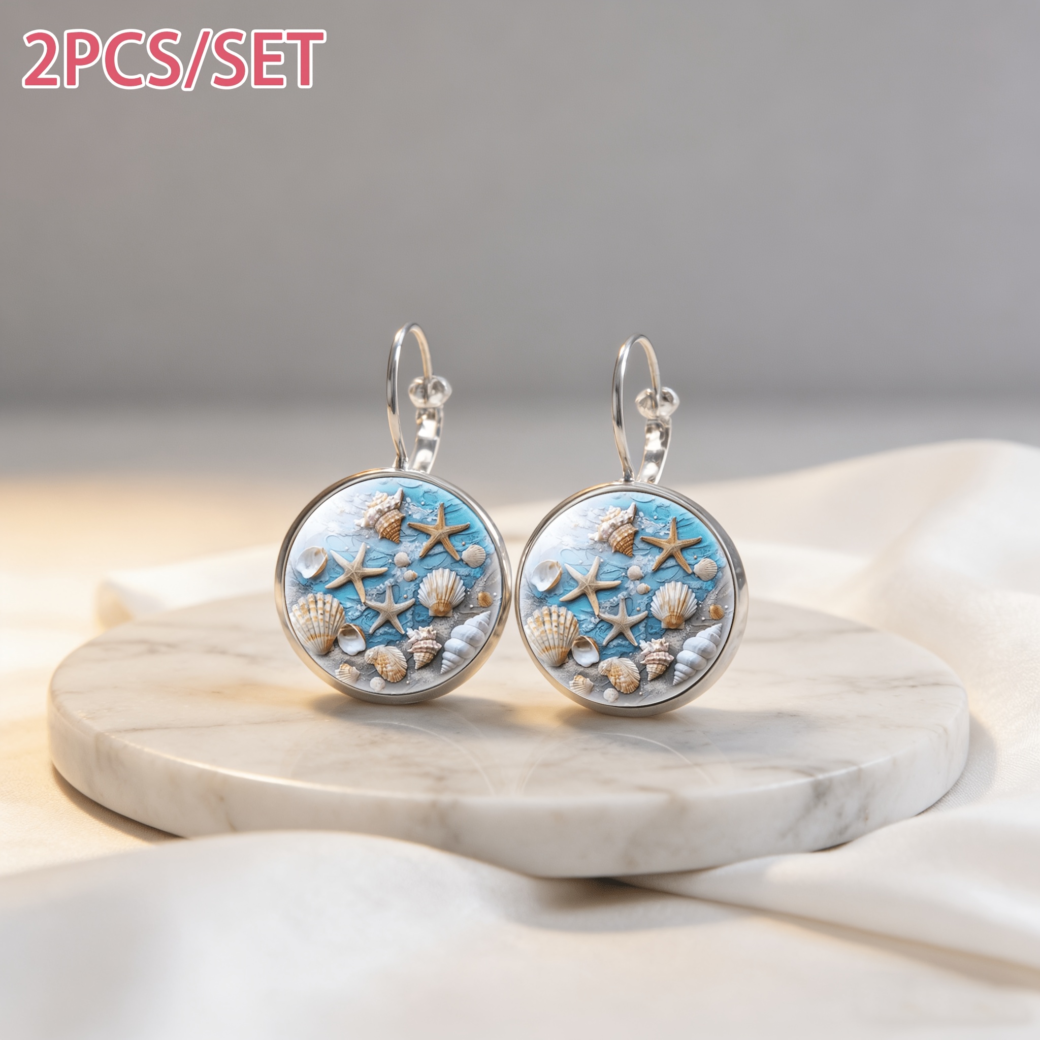 2pc White French Ear Hook Earrings Set, Ocean Theme