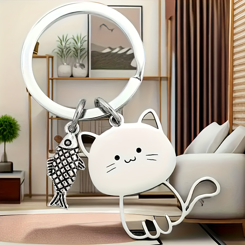 1pc Cute Cat Fish Keychain Silvery Stainless Steel Keyring Backpack Hanging Pendant Bag Charms For Women Daily Use