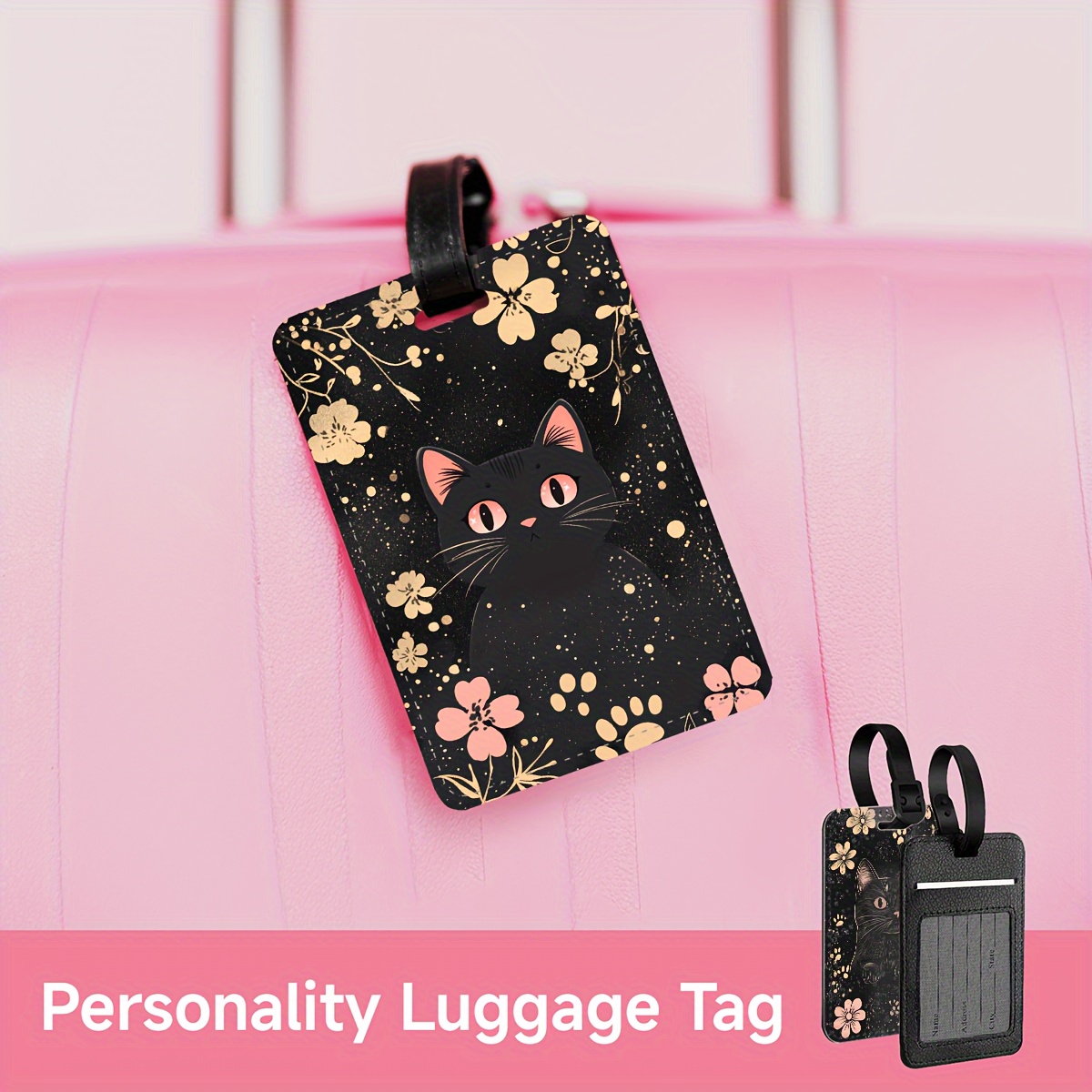 cute black cat pink flower pu luggage tag decorative label Temu