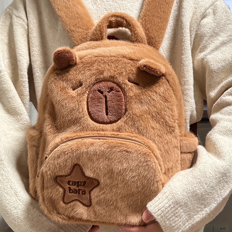 

Capibara Cartoon Animal Plush Backpack - Soft Polyester Daypack With Zipper Closure, Cute Casual Theme, Utility Pocket, Animal- For Holidays And Travel