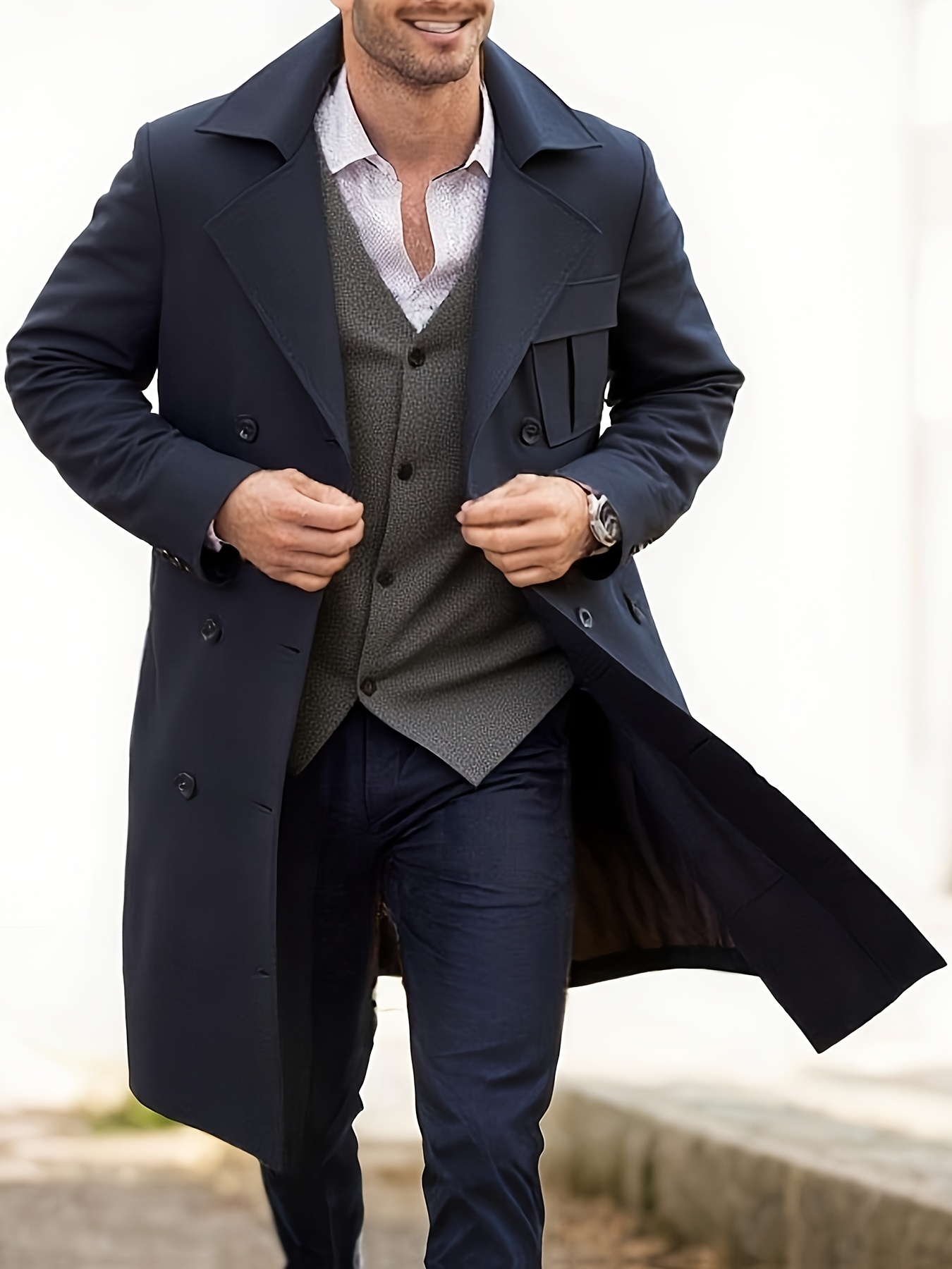 Men S Formal & Casual Coat - Belted Waist Long Trench Coat, Notch Lapel,   Non-Stretch Fabric for Office, Semi-Formal Events - Spring/Fall Outerwear in Navy Blue/Black/Charcoal Gray/ -   Elegant Men S Clothing,  , Sophisticated Design, Polished  , Stylish Jacket, Professional Men, Fall Wardrobe, Doublebreasted Jacket,   Material, Business Professionals