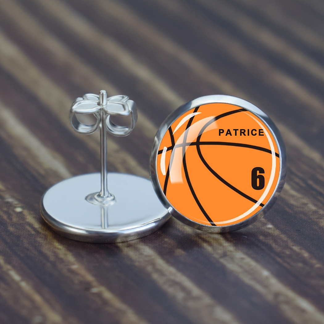 TEMU 1 Pair Custom Basketball Stud Earrings - Personalized Name & Number, Multicolor Glass Dome Design, Unisex Sports Jewelry For , Perfect Gift For