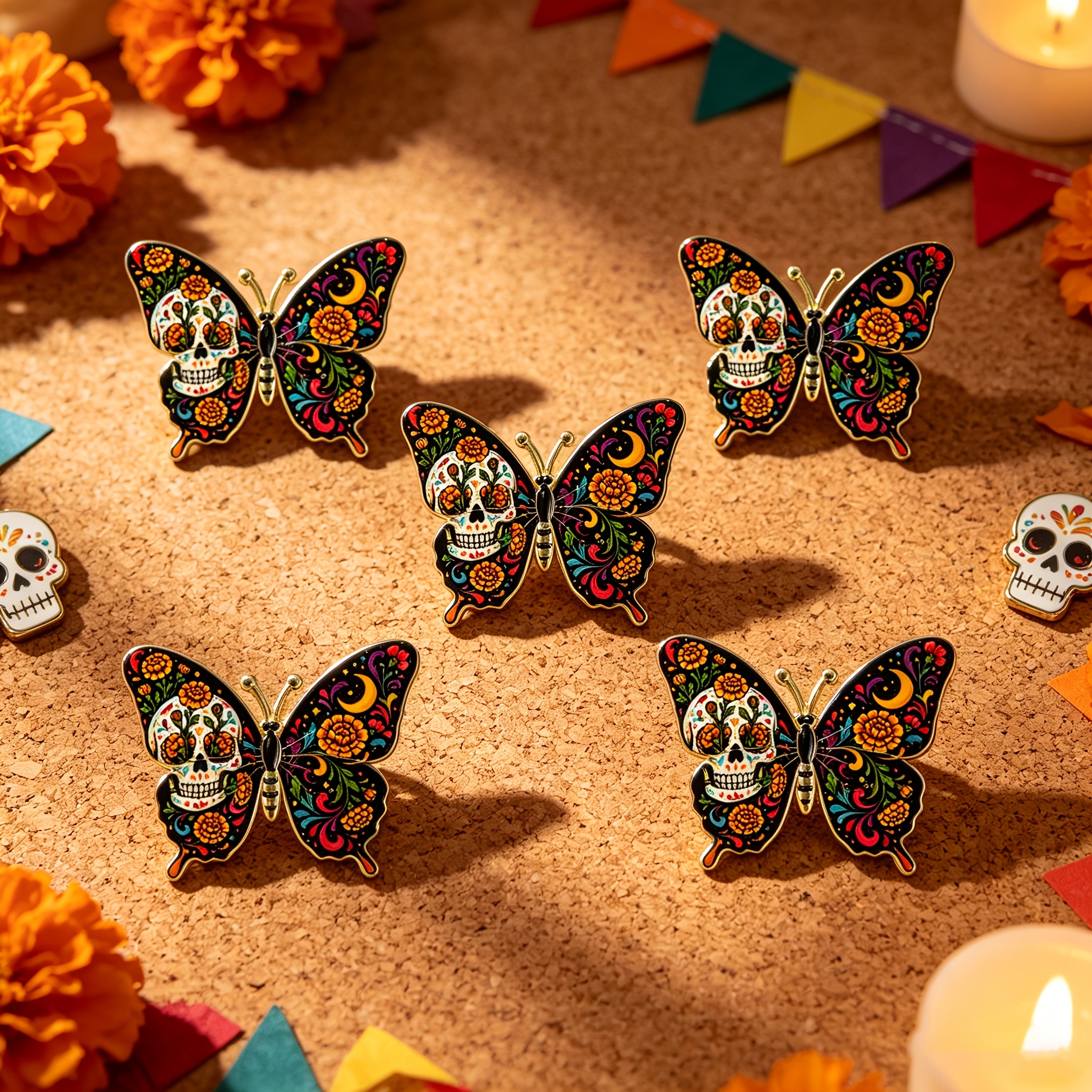 TEMU 5pcs Solevdo Enamel Lapel Badge Set Novelty Mexican Sugar Skull Floral Metal Badge - Vibrant Marigolden Moon Star Gothic Cultural Theme For Men